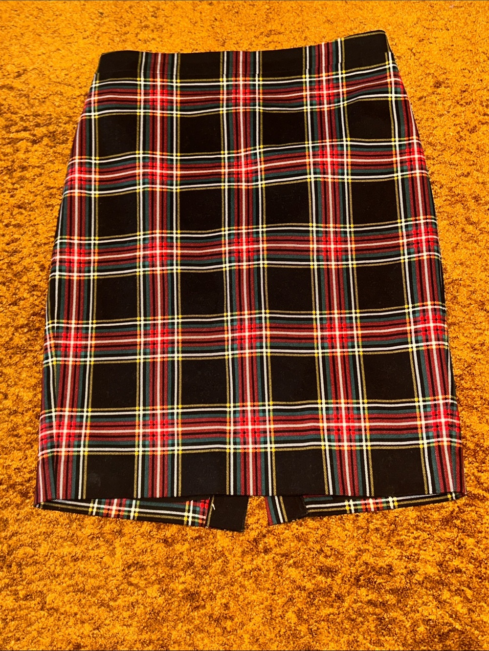 J. Crew Black Tartan Pencil Skirt with Red and Yellow Stripes